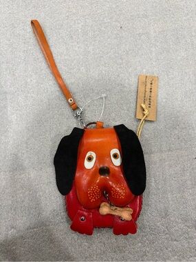 Handcrafted Leather Red & Orange Dog Coin Purse with Wrist Strap key chain